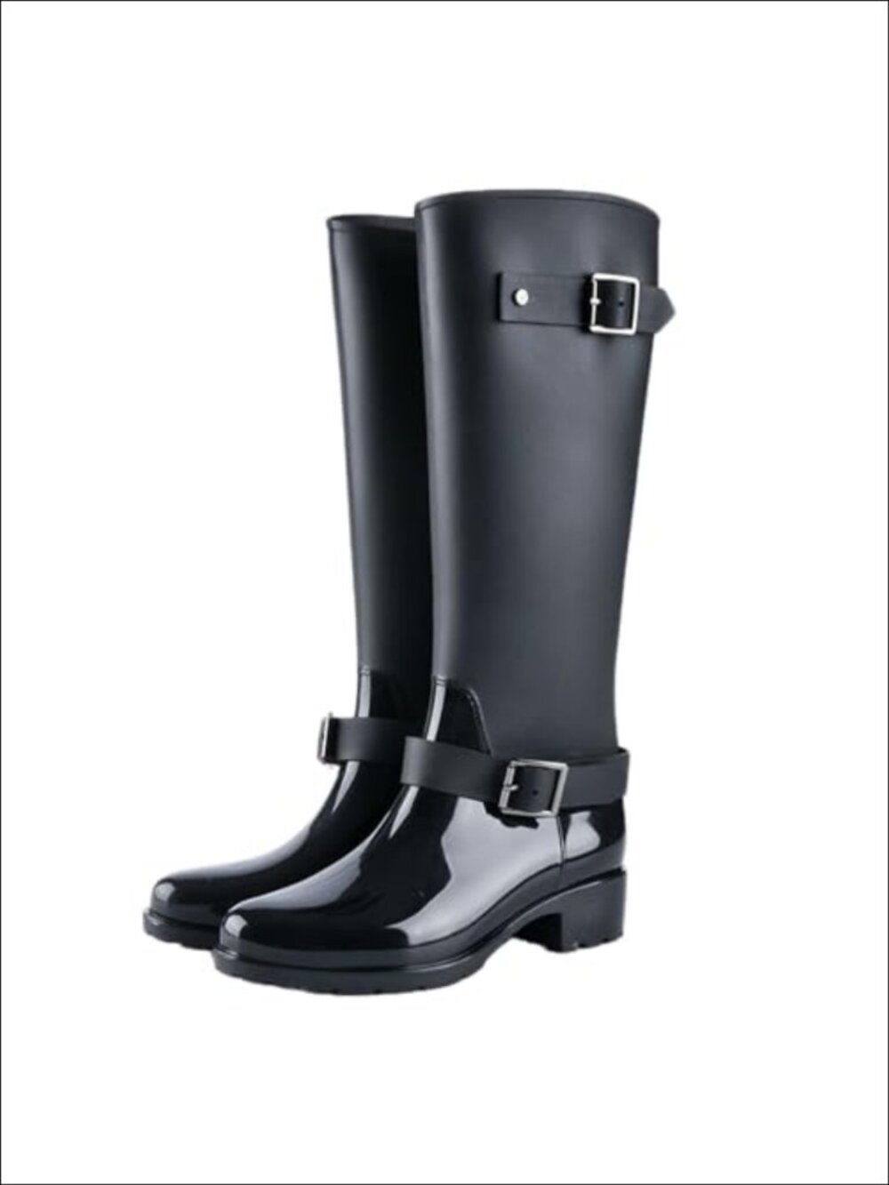 PVC Platform Lug Sole Tall Rain Boots Buckle Side Zipper Chunky Heel Waterproof
